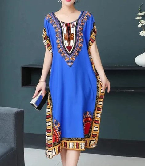 Abigail - o-neck vintage ethnic print long boho dress