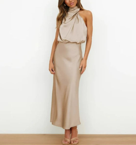 Mia - champagne green black satin halter neck maxi dress