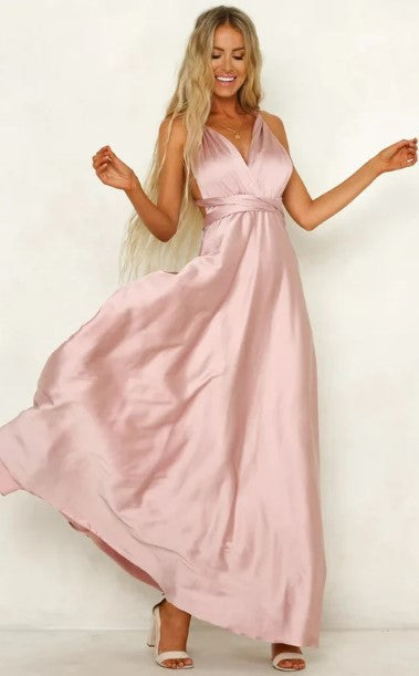 Evelyn - sleeveless satin maxi dress with v-neck and narrow waist