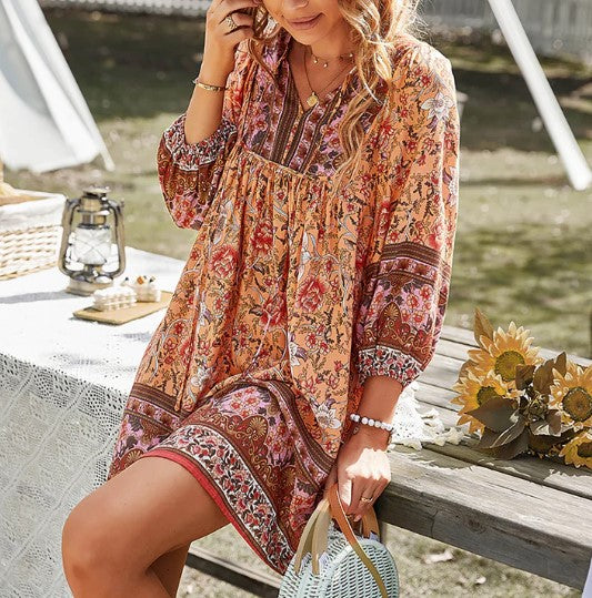 Emma - loose fitting short boho dress with floral print