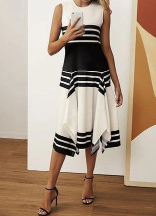 Lily - striped black apricot block neck dress