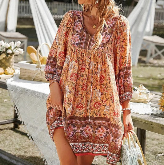 Emma - loose fitting short boho dress with floral print