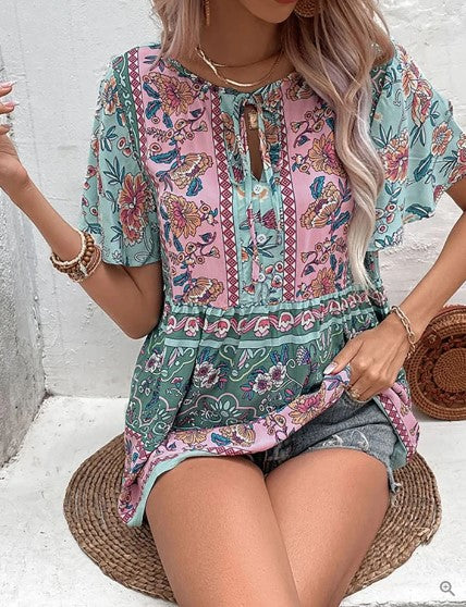 Olivia - short boho dress with v-neck floral print