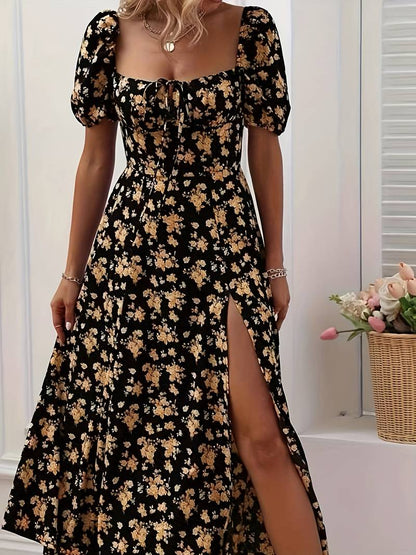 Ava split hem floral a-line dress for spring