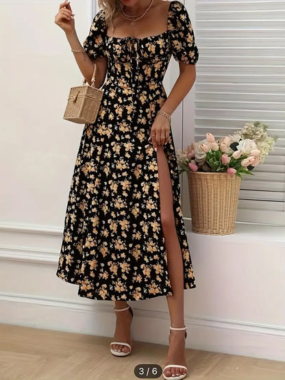 Ava floral print a-line dress with puff sleeves for spring and summer