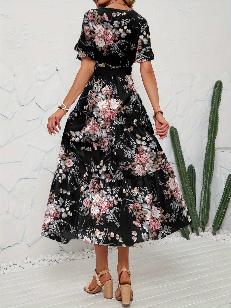 Lily short sleeve floral print ruffle v neck dress