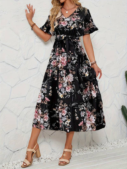 Lily short sleeve floral print ruffle v neck dress