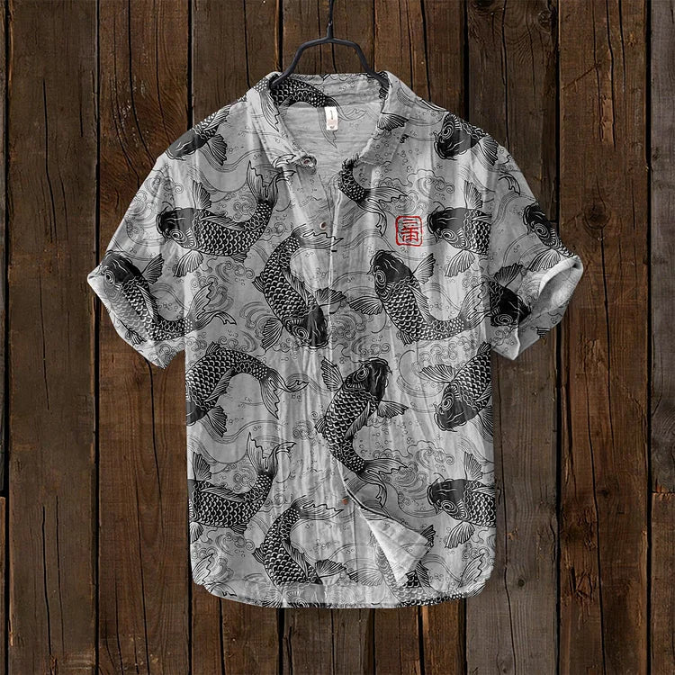 Osamu - vintage fish Japanese art linen blend shirt