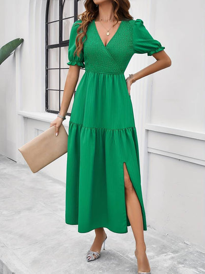 Fiona - shirred v-neck split hem dress