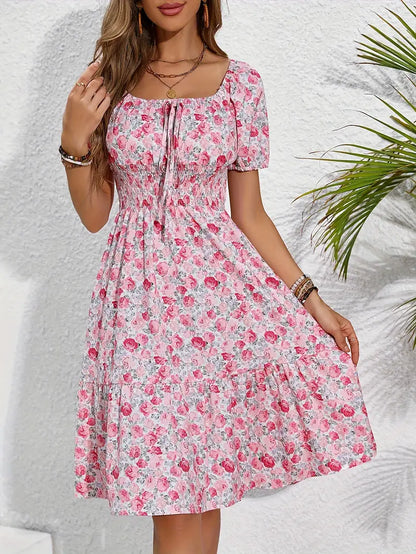 Olivia floral print holiday dress with front knot detail and square neckline