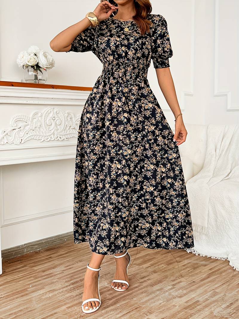 Amelia – dress with round neck and floral print for spring and summer