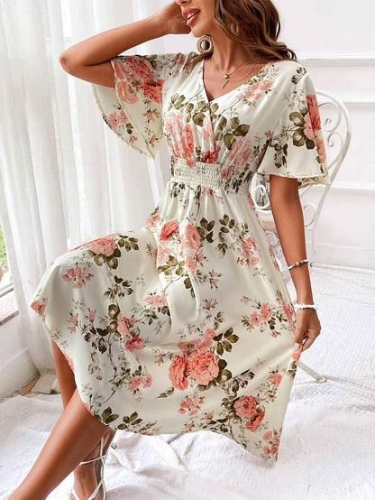 Ella - elegant a-line dress with floral print, v-neck and ruffle sleeves