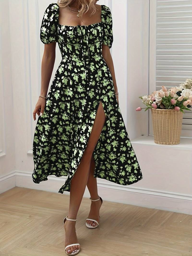 Ava split hem floral a-line dress for spring