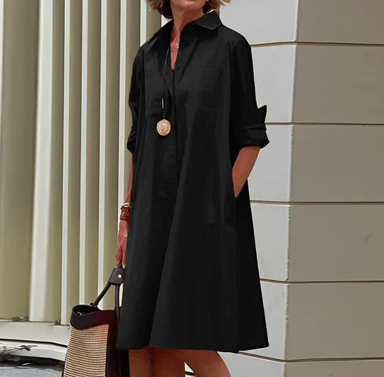 Modern shirt dress with turn-down collar and three-quarter sleeves