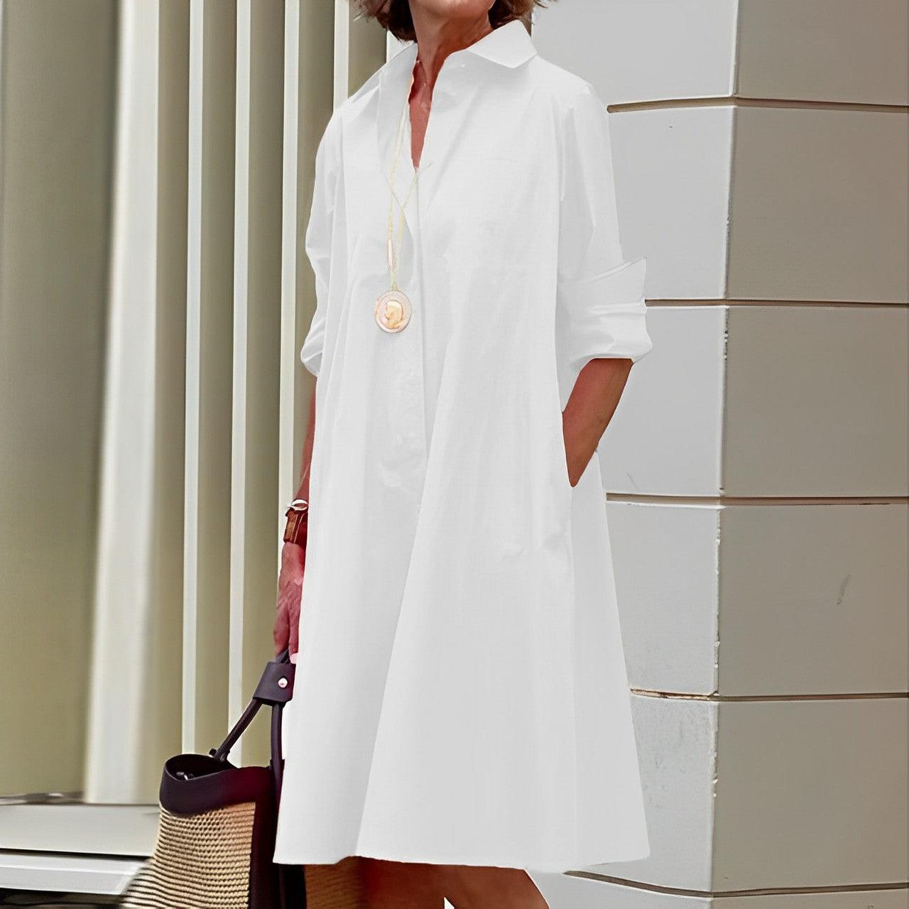 Modern shirt dress with turn-down collar & three-quarter sleeves