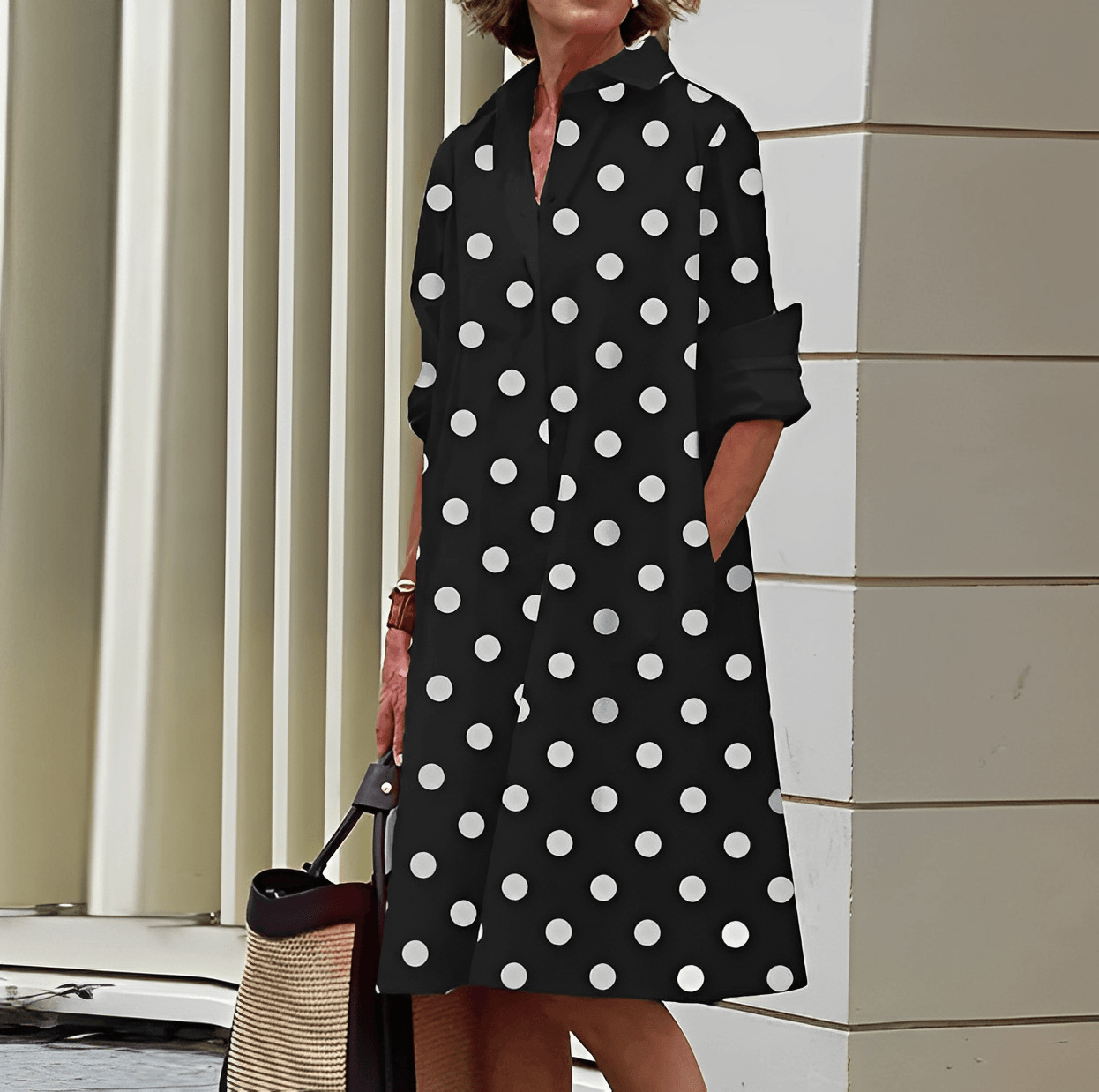 Modern shirt dress with turn-down collar & three-quarter sleeves