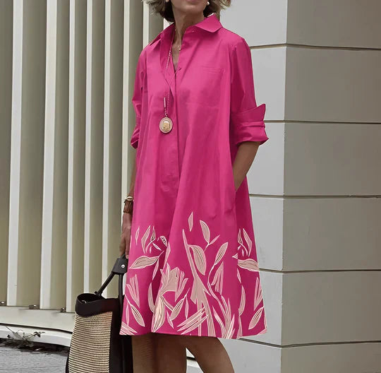 Modern shirt dress with turn-down collar and three-quarter sleeves