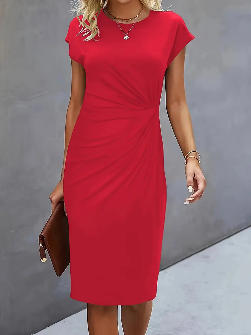 Elizabeth – solid color round neck dress with crew neck