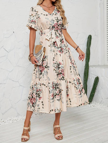 Lily short sleeve floral print ruffle v neck dress