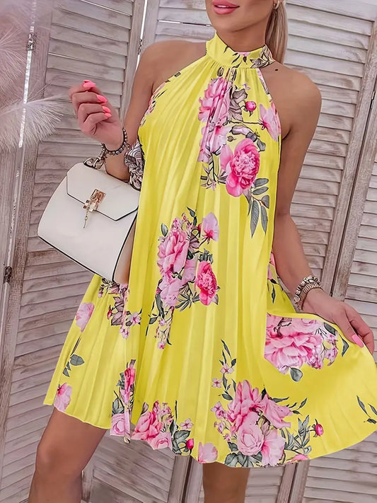 Erin floral print sleeveless pleated dress