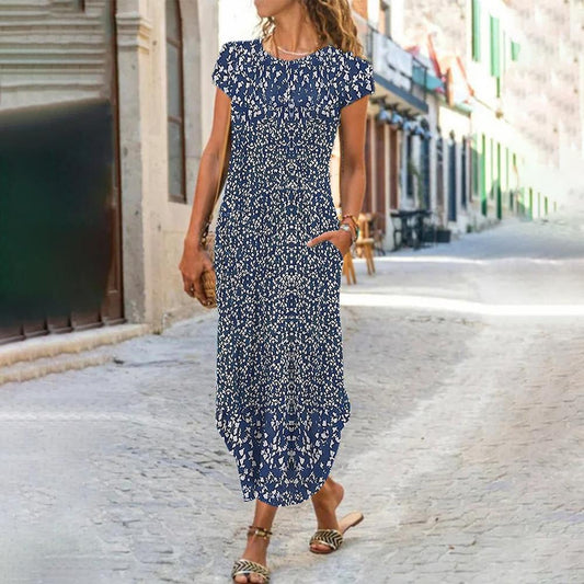 Ava - royal blue and white floral print round neck midi dress