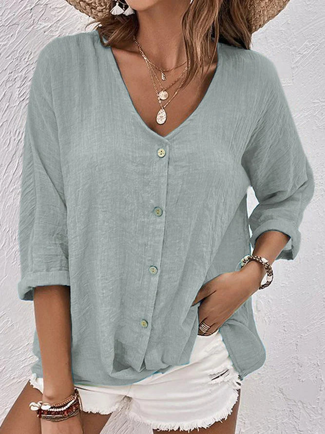 Clara - blue linen v-neck shirt