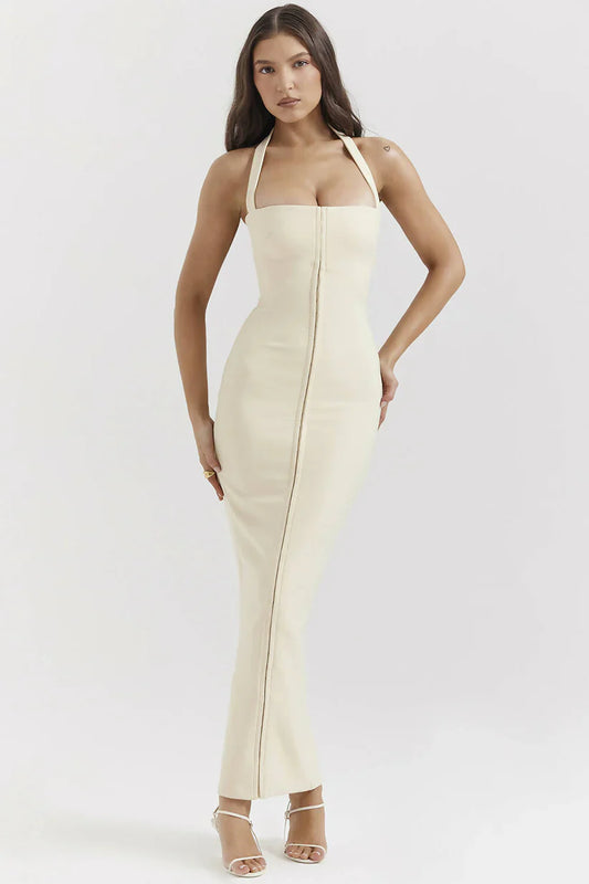 Nancy | mia ecru halterneck maxi dress